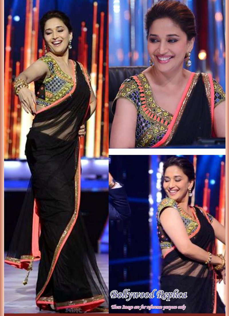 Buy Online Custom Made Bollywood Sarees Madhuri Dixit Black Net Embroidered Bollywood Style Saree At suryavansicreation
